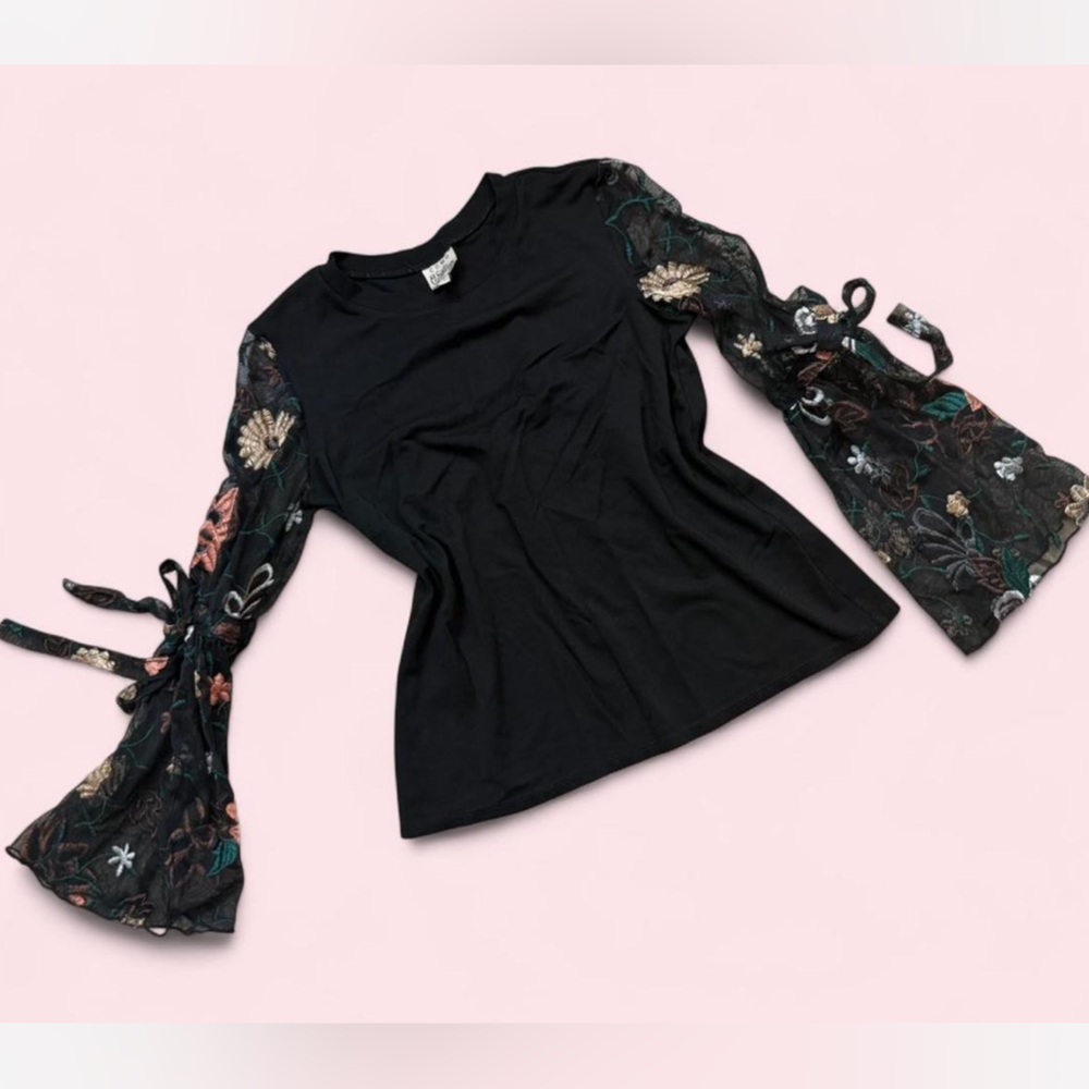 Black Top with Floral Embroidered Sleeves